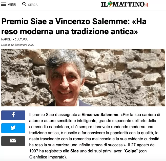Featured image for “A Vincenzo Salemme il Premio Siae”